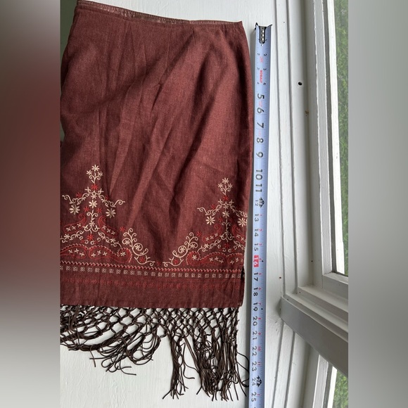 Vintage B.Moss Brown Linen Embroidered Fringe Skirt Size 8 - Picture 15 of 15